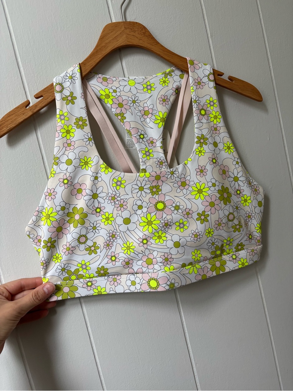 Fabletics Pink Floral Racerback Sports Bra with Neon Yellow Accents